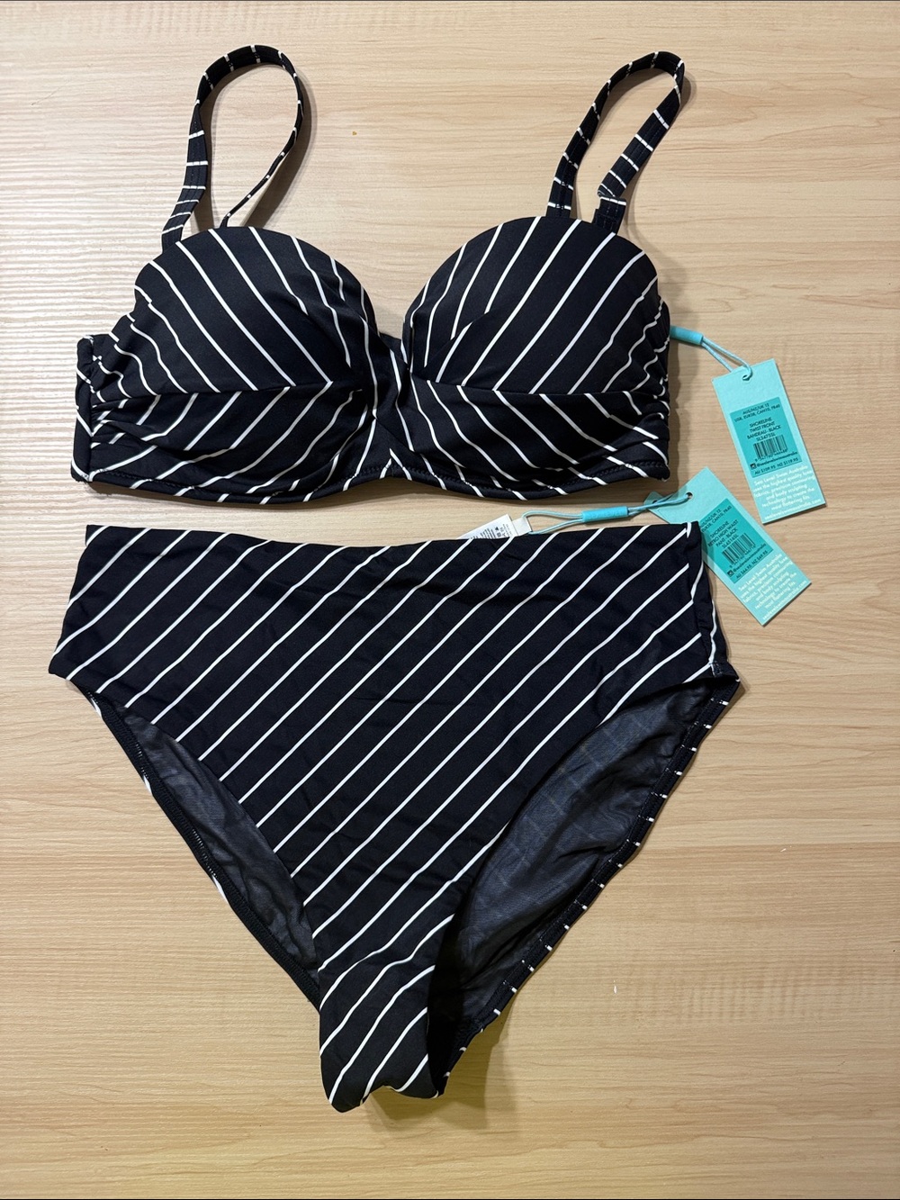 Striped Black & White High-Waist Bikini Set - Supportive Padded Top